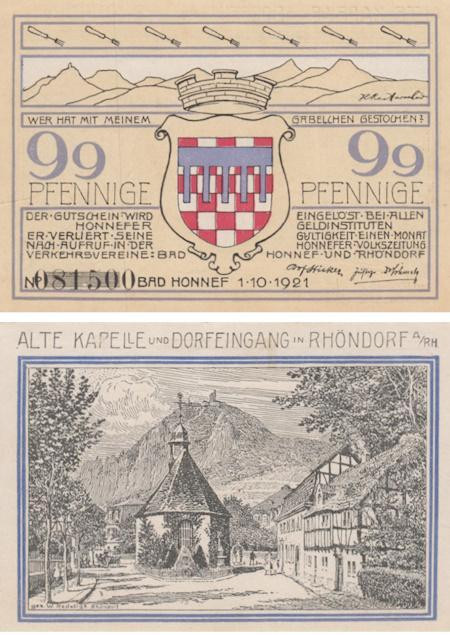  Бона. Германия. Бад-Хоннеф 99 пфеннигов 1921 год. Церковь. Нотгельд. (XF) 