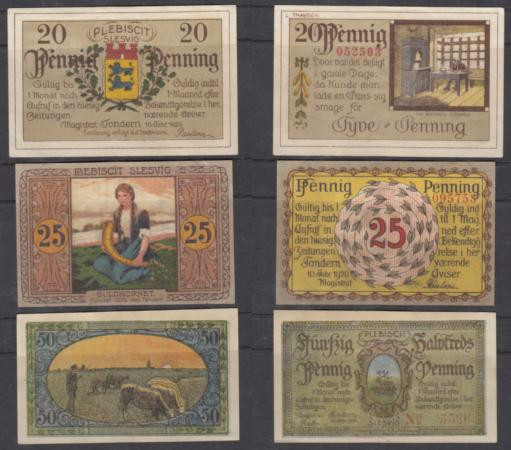  Набор банкнот. Германия. Тондерн 20, 25, 50 пфеннигов 1920 год. Нотгельды, 3 штуки. (VF) 