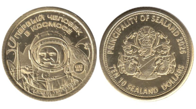  Памятный жетон. Силенд. 10 долларов 2026 год. История Российской космонавтики - Юрий Гагарин. 