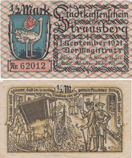  Бона. Германия. Штраусберг 1/2 марки 1921 год. Нотгельд. (F) 