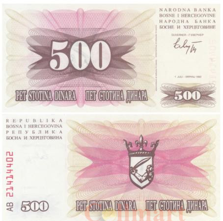  Бона. Босния и Герцеговина 500 динаров 1992 год. Герб. (Пресс) 