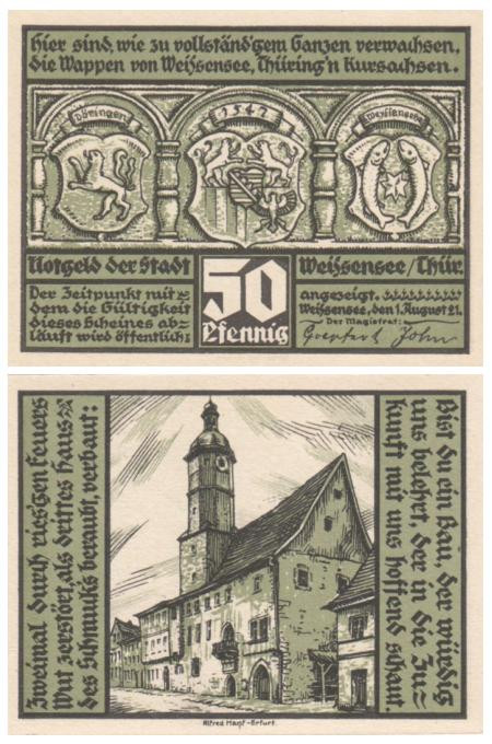  Бона. Германия. Вайсензе 50 пфеннигов 1921 год. Городская ратуша с башней. Нотгельд. (XF) 