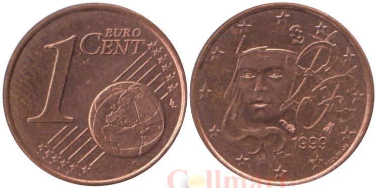  Франция. 1 евроцент 1999 год. Марианна. 