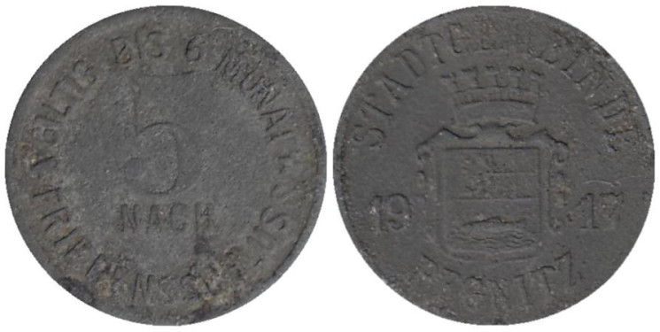  Германия. Пегниц. 5 пфеннигов 1917 год. Нотгельд. 