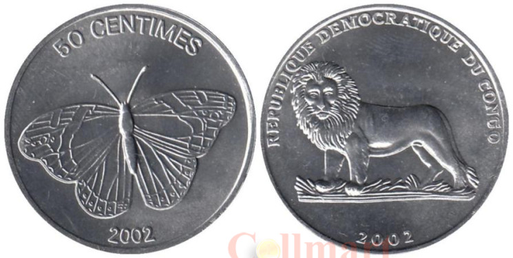  Конго (ДРК). 50 сантимов 2002 год. Бабочка. 