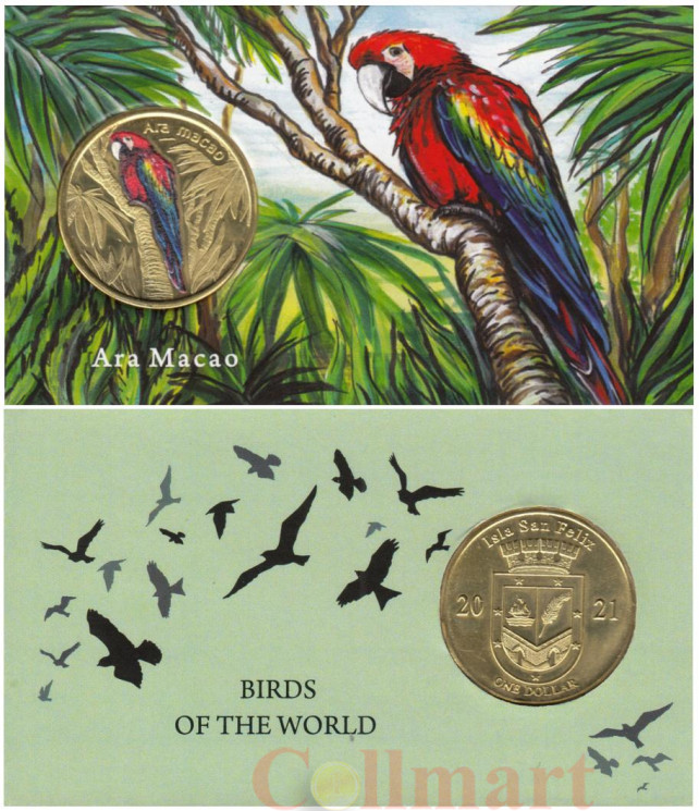  Остров Сан-Феликс. 1 доллар 2021 год. Попугай Красный ара. (в открытке) 