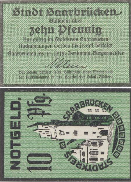  Бона. Германия. Саарбрюккен 10 пфеннигов 1919 год. Нотгельд. (XF) 