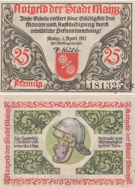  Бона. Германия. Майнц 25 пфеннигов 1921 год. Нотгельд. (XF) 