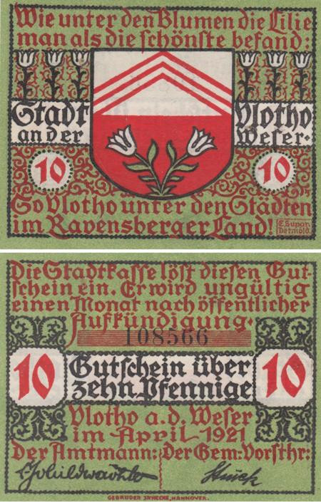  Бона. Германия. Флото 10 пфеннигов 1921 год. Нотгельд. (XF) 