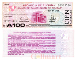 Бона. Аргентина. Провинция Тукуман 100 аустралей 1991 год. (Пресс)
