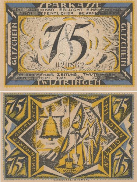  Бона. Германия. Твистринген 75 пфеннигов 1921 год. Нотгельд. (XF) 