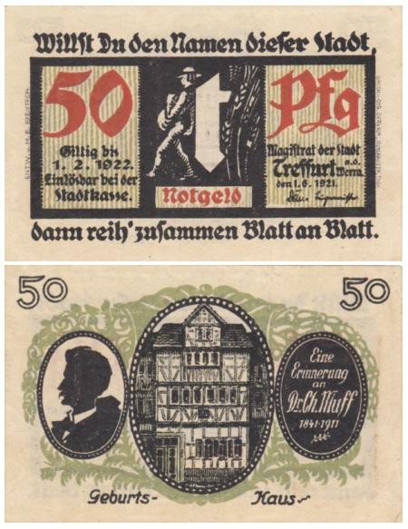  Бона. Германия. Треффурт 50 пфеннигов 1921 год. Литера t. Нотгельд. (VF) 