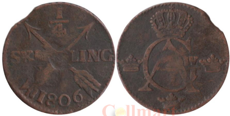  Швеция. 1/4 скиллинга 1806 год. Король Густав IV Адольф. 