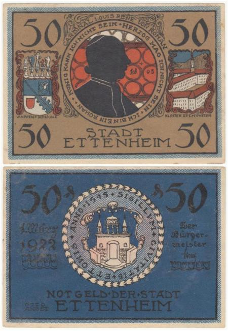  Бона. Германия. Эттенхайм 50 пфеннигов 1922 год. Нотгельд - Кардинал фон Роган. (XF-VF) 