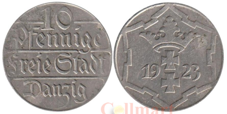  Данциг. 10 пфеннигов 1923 год. Два креста увенчанных короной. 