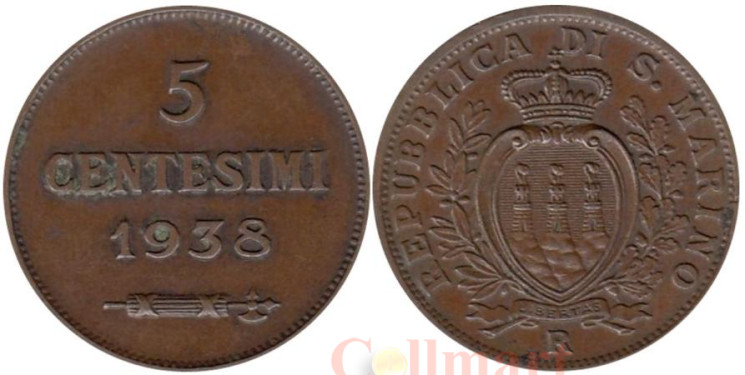  Сан-Марино. 5 чентезимо 1938 год. 