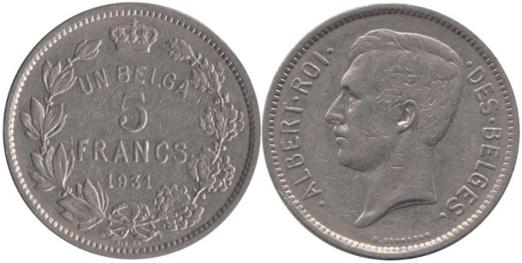  Бельгия. 5 франков 1931 год. Надпись на французском - ALBERT ROI DES BELGES. 