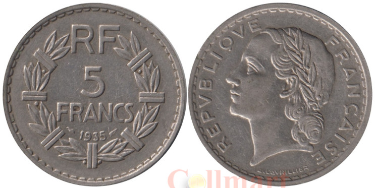  Франция. 5 франков 1935 год. Тип Лаврийё. Марианна. 