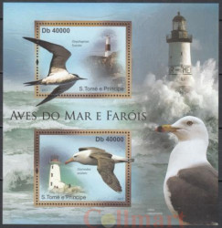 Почтовый блок. Сан-Томе и Принсипи 2011 год. Морские птицы и маяки.