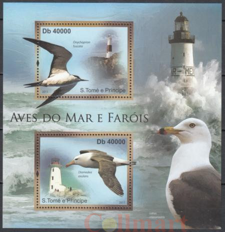  Почтовый блок. Сан-Томе и Принсипи 2011 год. Морские птицы и маяки. 