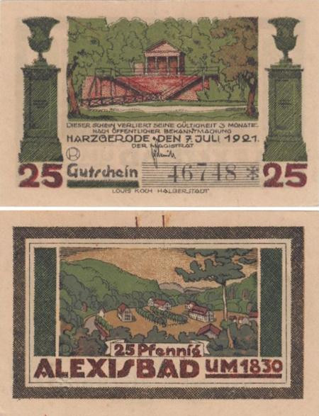  Бона. Германия. Харцгероде 25 пфеннигов 1921 год. Алексисбад. Нотгельд зеленый. (XF) 