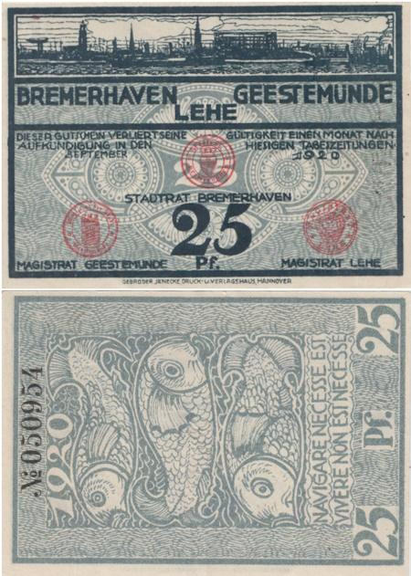  Бона. Германия. Бремерхафен 25 пфеннигов 1920 год. Нотгельд. (XF) 