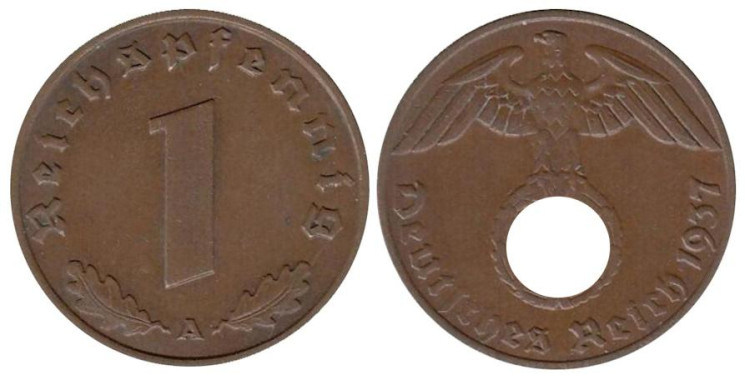  Германия - Третий рейх. 1 рейхспфенниг 1937 год. (A) 
