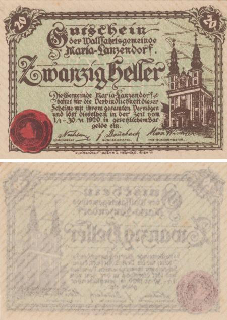  Бона. Австрия. Мария-Ланцендорф 20 геллеров 1920 год. Нотгельд. (XF) 