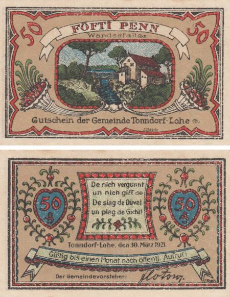  Бона. Германия. Тондорф-Лохе 50 пфеннигов 1921 год. Нотгельд. (XF) 