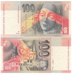 Бона. Словакия 100 крон 1999 год. Мадонна в церкви Святого Иакова в Левоче. (VF)