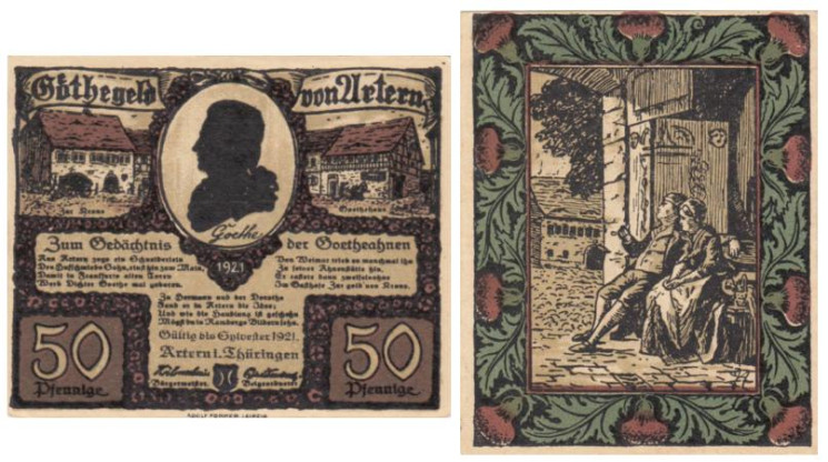  Бона. Германия. Артерн 50 пфеннигов 1921 год. Выпуск, посвященный Гёте, вар. 3. Нотгельд. (XF) 