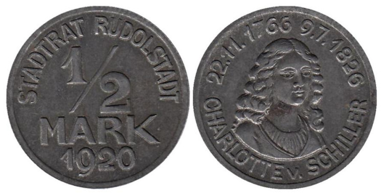  Германия. Рудольштадт. 1/2 марки 1920 год. Портрет Шарлотты Шиллер. Нотгельд. 