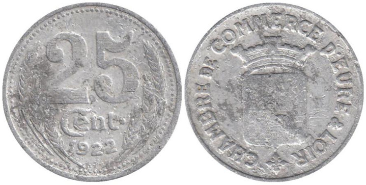 Франция. Торговая палата департамента Эр и Луар. 25 сантимов 1922 год. (токен) 
